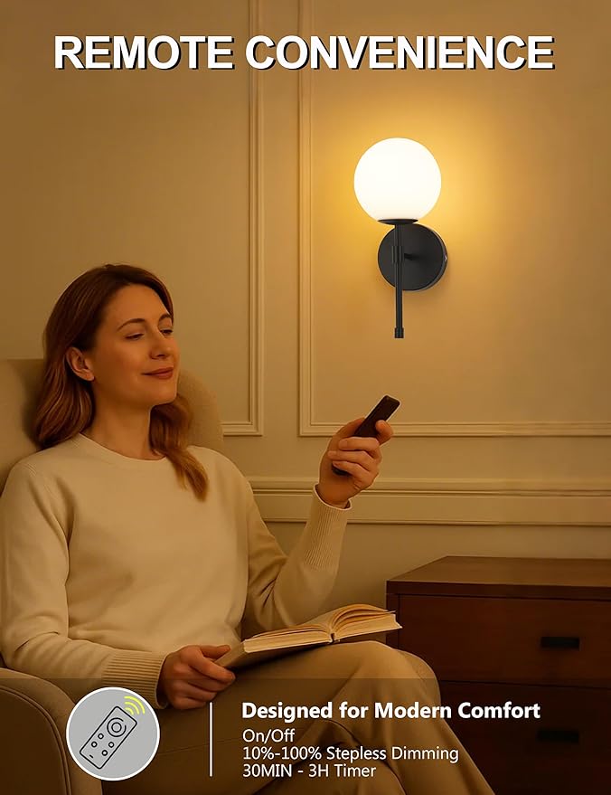 Battery Operated Wall Sconces Set of 2, Glass Globe Wireless Lights with Remote & Touch Control, Rechargeable Matte Black Sconce, 3 Color Dimmable Ambient Lighting for Bedroom Living Room