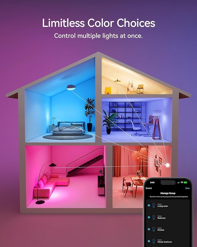 Matter Smart Light Bulbs, Color Changing Light Bulb, hub Required, A19 60W,2.4Ghz WiFi only,Compatible with Alexa Google Assistant, Apple Home,16 Million Colors RGBCW 800 Lumen,1 Pack