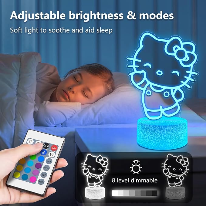 Cute Night Light for Kids - Anime Charater Kitty Cat Decor Lamp with 16 Colors Change, Remote, Dim Control, 3D Illusion LED Night Lights for Kids Gifts Party Birthday Decoration