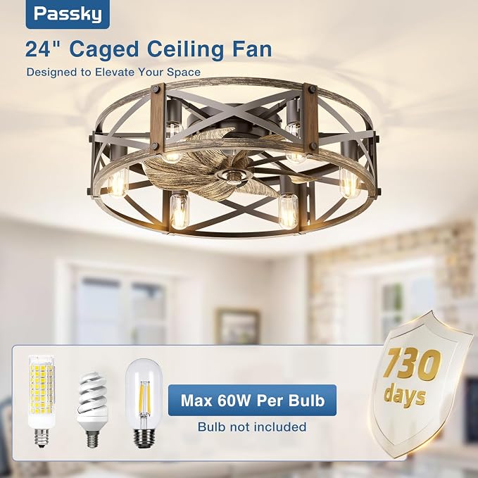 Passky 24" Caged Ceiling Fans with Lights and Remote, Low Profile Fandelier | Reversible DC Motor, 1/2/4/8H Timer, 6 Speeds, Farmhouse, Quiet Operation, 6 E26 Sockets, For Bedroom, Kitchen, Dining Room