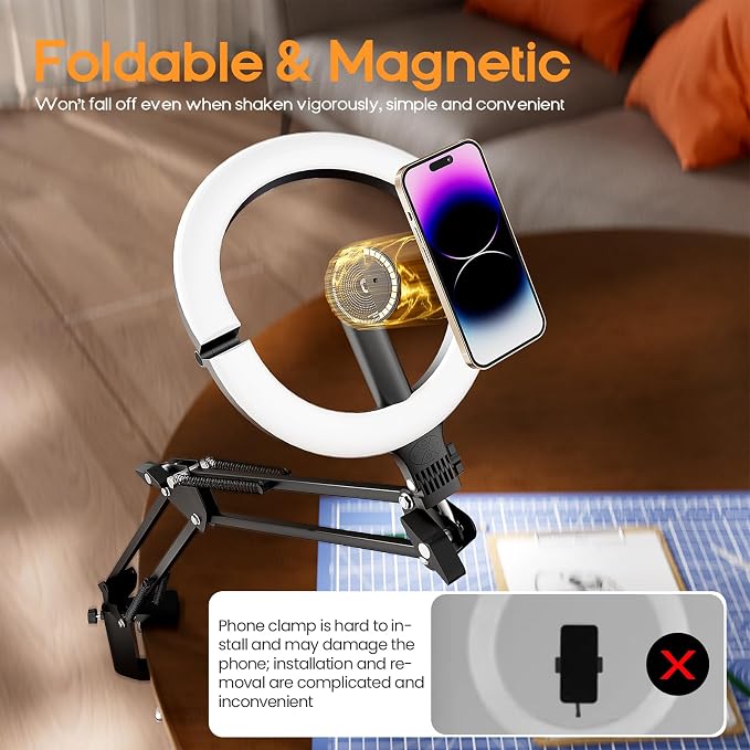 10" Magnetic Ring Light Overhead Camera Phone Mount, XINBAOHONG LED Selfie Light with Stand and Phone Holder, Rechargeable Desk Light for Video Recording
