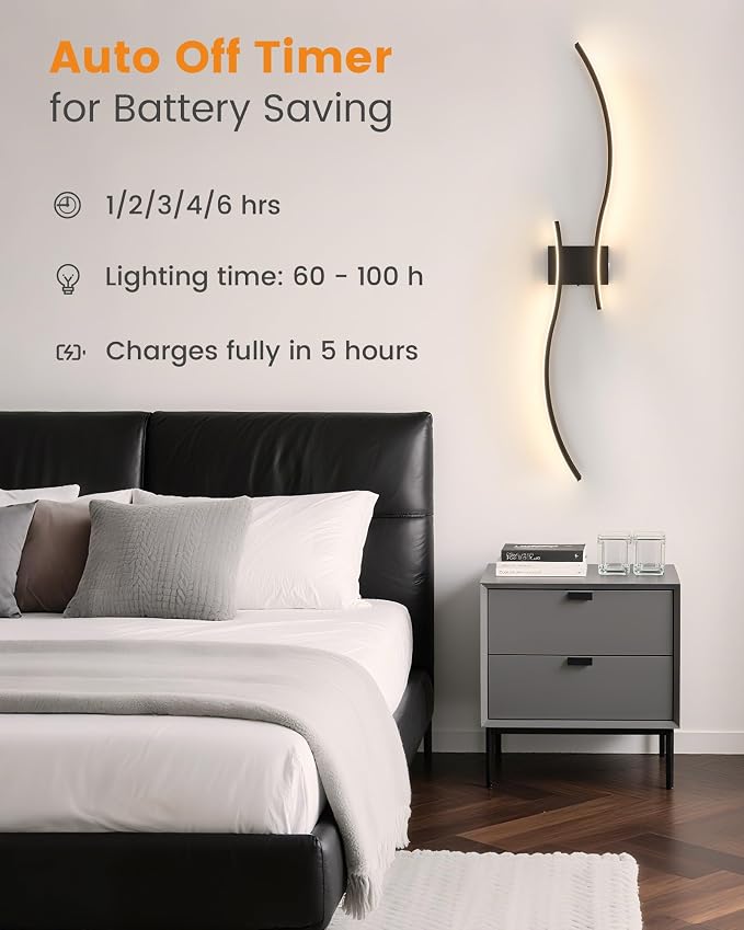 VOLISUN Battery Operated Wall Sconces Set of Two, 39.4 inch Wireless Wall Sconces, 3000K-6500K Dimmable Wall Lamps with Remote, Rechargeable Black Wall Lights for Living Room, Hallway, Bedroom