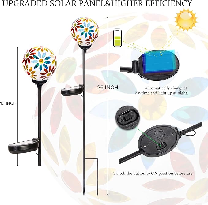 VCUTEKA Decorative Solar Garden Lights, 3.5" Mosaic Globe Outdoor Stake | Mosaic Glass Globe Design, Solar LED Light, Waterproof Design, Auto On/Off and Metal Stake Design for Lawn and Patio