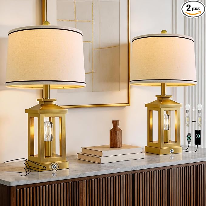 24" Table Lamps for Living Room Bedroom Modern Gold Bedside Lamps Set of 2 Nightstand Lamps for Night Stands 3 Way Dimmable Touch Lamp with USB C+A Ports and 2 Light Sources, 4 Bulbs Includes