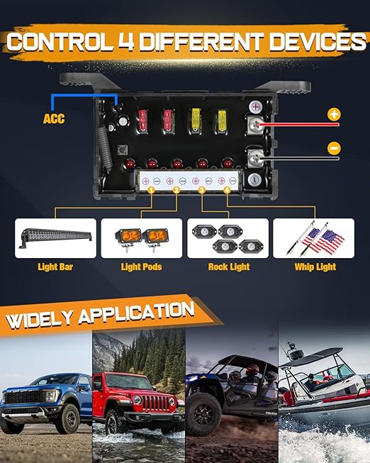 Wireless 4 Gang Switch Panel, Niking Auto Multifunction Offroad LED Switch Pods with Toggle Pulse Auxiliary Universal Circuit Control 12V Relay System Control Box for Trucks SUV UTV Car Boat RV Marine