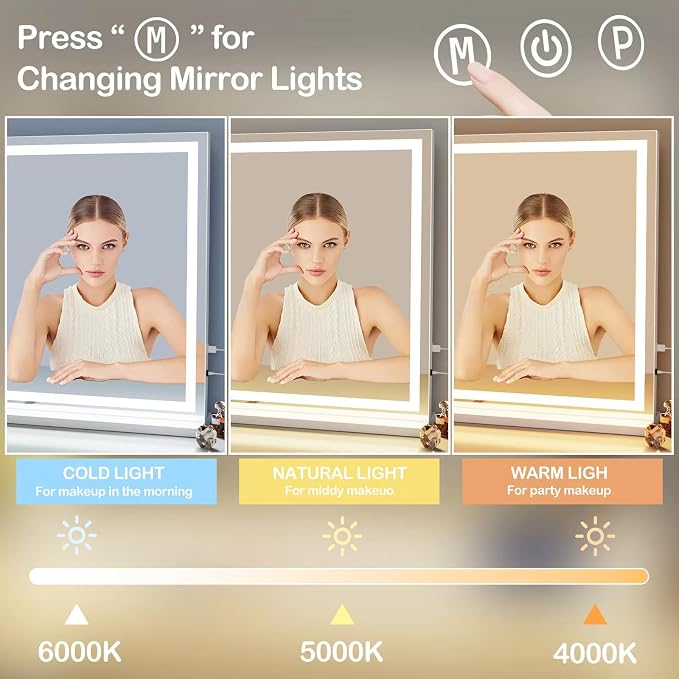 Gvnkvn Makeup Vanity Mirror with USB Charging Port 19" L x 24" W LED Makeup Mirror, Desk Mirorr with Lights, Light up Mirror with 10X Magnification and, Dimmable 3 Modes, Touch Control Gold