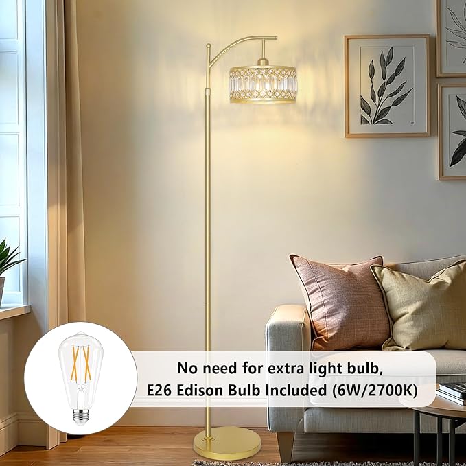 Gold Floor Lamp, Arc Floor Lamp for Bedroom, Standing Lamps for Living Room, Crystal Mid Century Modern Tall Lamp, Corner Stand Up Lamp, Height Adjustable Arched Brass Reading Lamps (Bulb Included)