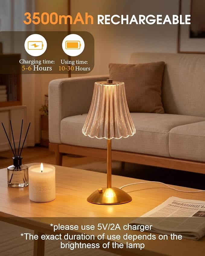 Nusogon 4 Pack Rechargeable Cordless Table Lamp, Touch Control Desk Lamp | 3 Color Dimmable LED Gold Small Lamp for Bedroom Bedside Restaurant Kitchen Home Decor