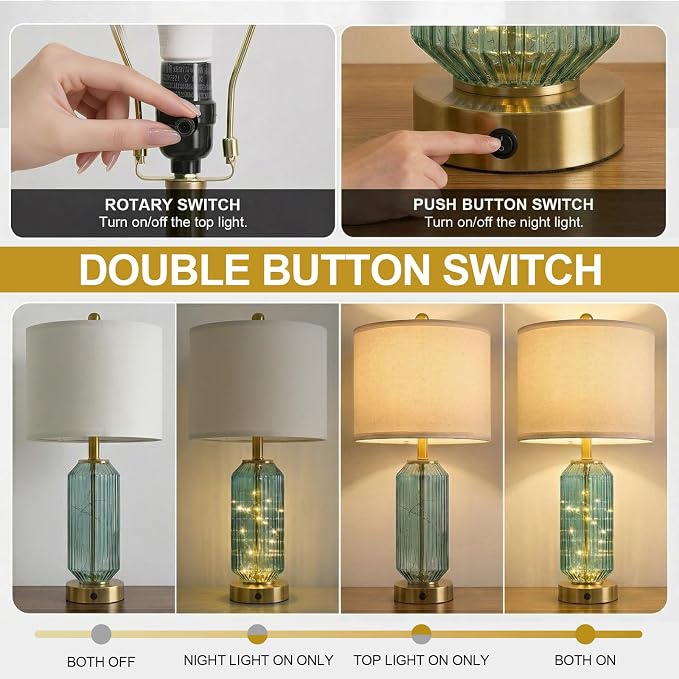 24.5" Bedside Table Lamps Set of 2, Green Glass Nightstand Lamps with USB A+C Charging Ports and Night Light, Gold Modern Lamps for Bedroom, Living Room, End Table (2 Bulbs Included)