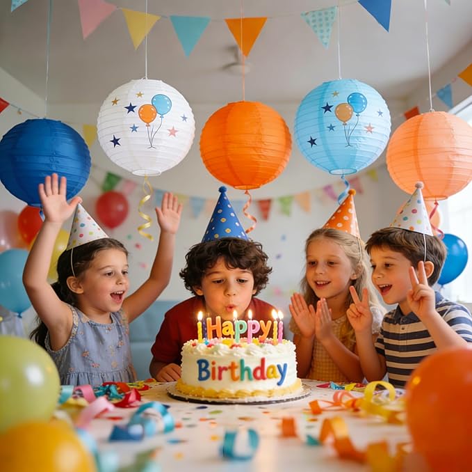 Blue & Orange Paper Lanterns Set (12 Pcs) - 6/8/10 Inch Hanging Lanterns for Cartoon Parties, Sports Events, Birthdays & Home Decor