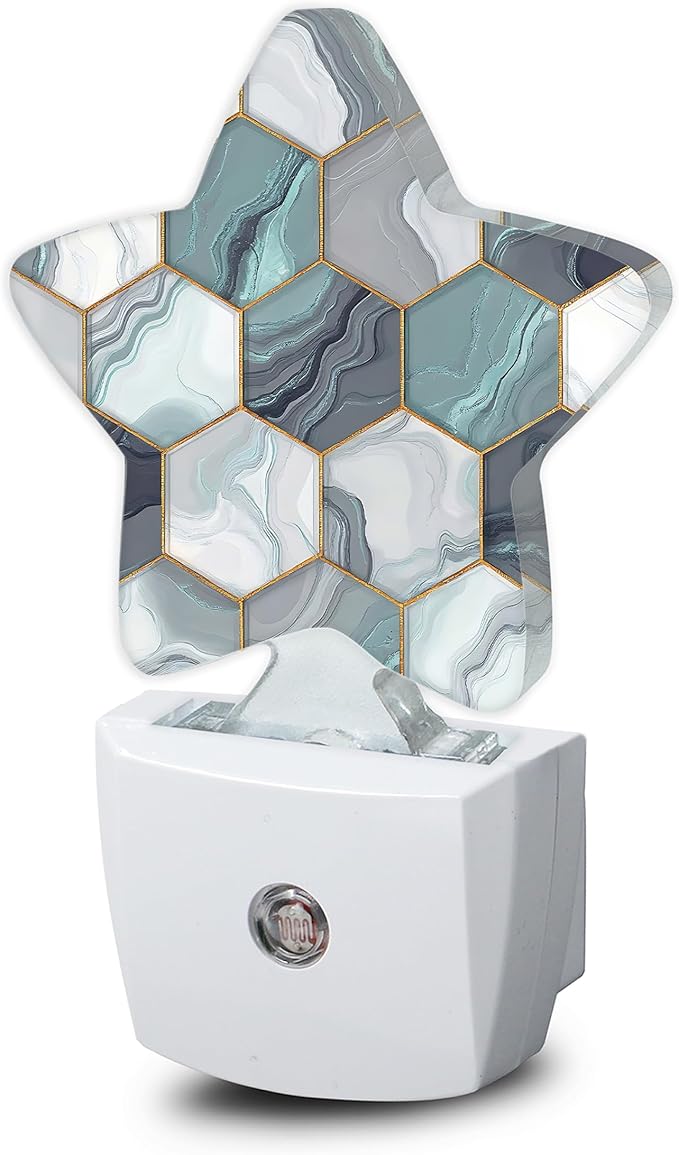Hexagon Golden Blue Marble Night Light,Abstract Plug-in Star Night Lights with Dusk-to-Dawn Sensor for Bedroom,Bathroom,Living Room Sleep Friendly Lamp for Women Girls Boys Gift,0.5W