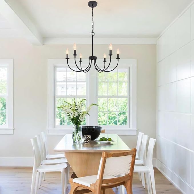 Black Chandelier, 6-Light Farmhouse Chandelier for Dining Room Lighting Fixtures Hanging, Rustic Candle Modern Chandeliers for Living Room Bedroom Foyer Kitchen(Frosted Black)