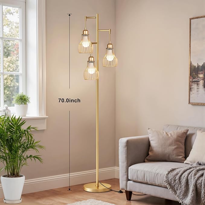 Ziisee Dimmable Gold Floor Lamps for Living Room, Farmhouse Tree Standing Tall Lamp with Remote Control 3 Elegant Cage Shade LED Bulbs for Bedroom Office - Gold
