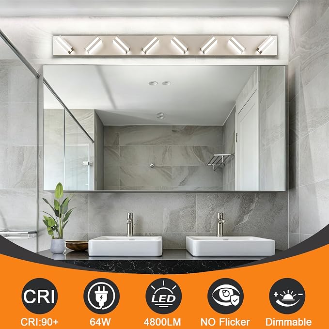 Bathroom Lights Fixtures Over Mirror, 360°Rotate Modern LED Vanity Lights for Bathroom, 64W Dimmable & High CRI Acrylic Wall Lighting, No Assembly Required (Brushed Nickel, 8-Light, 48 Inch)