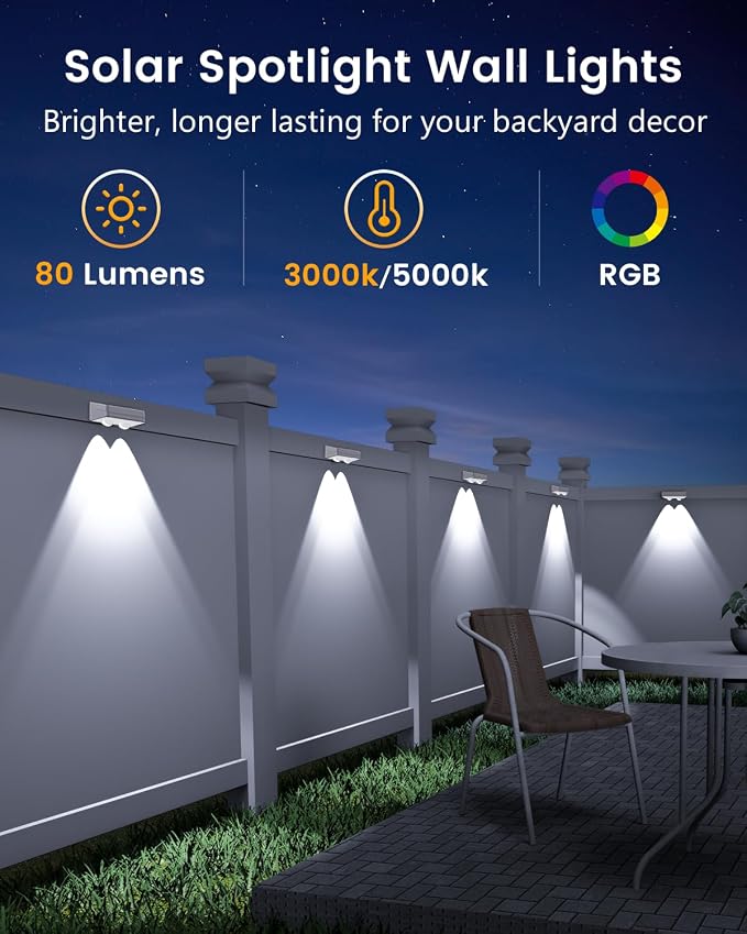JOFIOS Solar Fence Lights Outdoor Waterproof, 80 Lumens Solar Lights for Fence with Warm White & RGB 8 Colors,Outdoor Solar Light for Deck, Patio, Backyard, Fence, Railing (8-Pack-White)