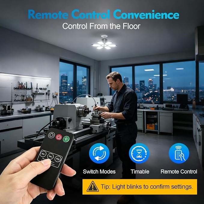 TANBABY 260W Motion Sensor Garage Lights with Remote Control, 30000LM, E26 | 3 modes ON/OFF/AUTO, 60/180/270s timer, E26 screw-in, 6 adjustable panels, 6500K for garage shop basement workbench lighting