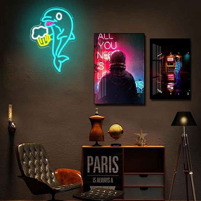 Dolphin Beer Neon Sign for Wall Decor, USB Powered Bar Neon Light, Dolphin Beer Led Light Sign for Bar, Bedroom, Man Cave, Business, Game Room