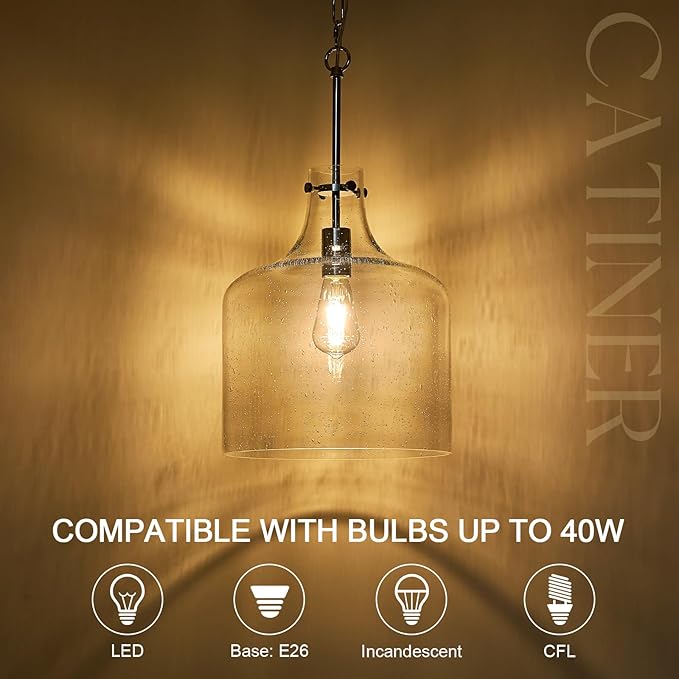 12" Chrome Seeded Glass Pendant Light, Modern Farmhouse Hanging Ceiling Light Fixture for Kitchen Island, Dining Room, Hallway, Hand-Blown Bubble Glass Shade, E26 Dimmable Pendant Lighting