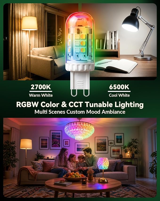 Smart G9 LED Bulb, RGBW Color Changing T4 Bulb Dimmable 2-Pack | G9 Bulb Bluetooth, Remote & App Control, 2700K-6500K Tunable White, G9 Halogen Replacement Bulbs Chandelier