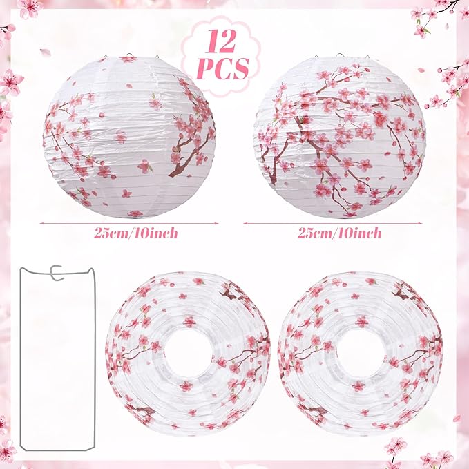12 Pcs Cherry Blossom Paper Lanterns Tea Party Decorations Floral Flower Wildflower Spring Birthday Party Decoration Flower 10 Inch Hanging Round Paper Lanterns for Wedding Bridal Shower Baby Shower