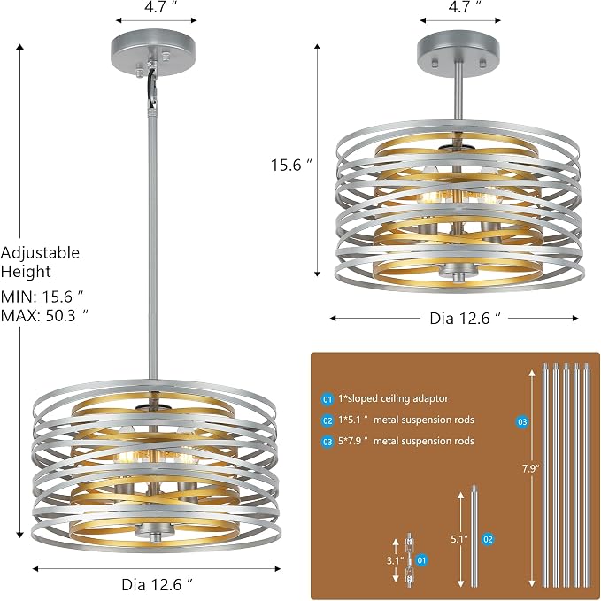 ACNKTZ 12.6'' Drum Pendant Light Fixture Hanging, Retro Semi Flush Mount Chandelier, Silver Chandeliers for Dining Room Bedroom Stairwell Breakfast Area, Silver with Gold Interior