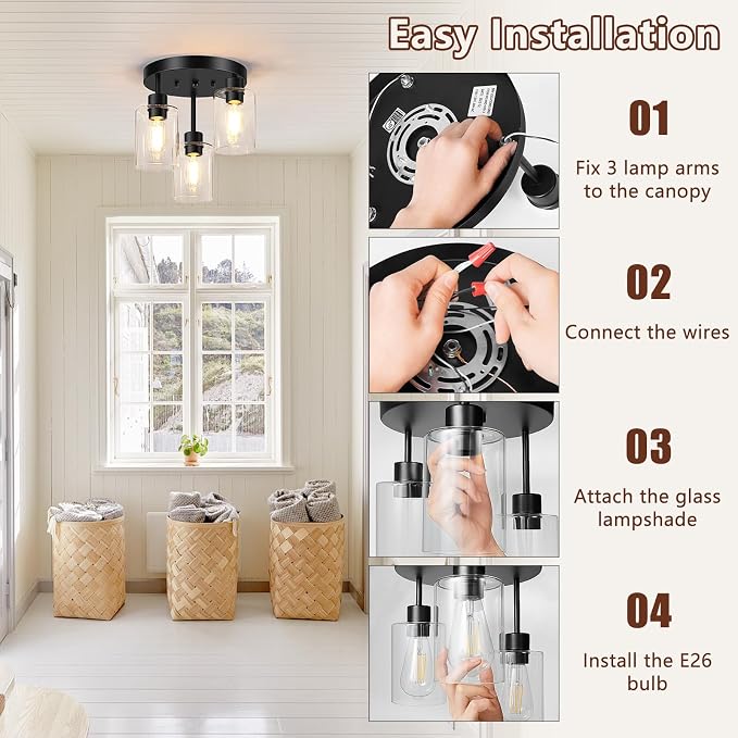 Farmhouse Flush Mount Ceiling Light, Black 3-Light Hallway Light Fixtures Ceiling with Clear Glass Shades, Light Fixtures Ceiling Mount for Kitchen Living Room Foyer, E26 Base