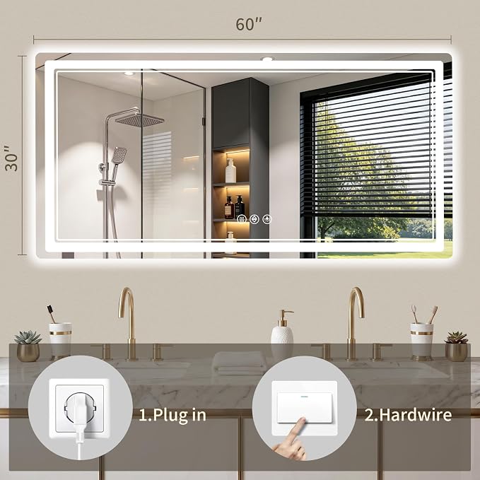 30"x60" LED Bathroom Mirror with Lights, Backlit + Front Lit, Anti-Fog, Lighted Bathroom Mirror for Wall, HD Shatterproof Tempered Glass, Dimmable, Memory Function (Horizontal/Vertical)