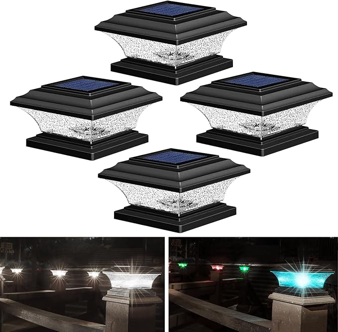 HUYIENO Solar Post Cap Lights - Outdoor LED Deck Fence Cap Light, 9 Light Modes, Bright White/7 Color Fixed & Cycling Modes, Suitable for 4x4 & 5x5 Wooden Posts, Black, 4pk