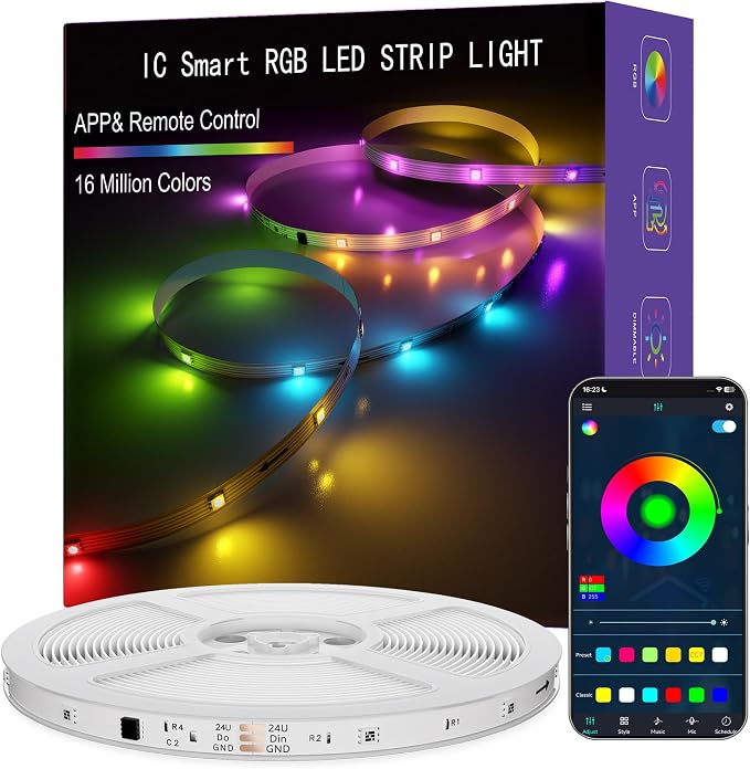 LED Lights for Bedroom, 50FT IC RGB LED Strip Lights, Smart Control | Color Changing, Multiple Colors Chasing Effects, APP & Remote Control, Timer Function, Music Sync Lights for Party, Kitchen