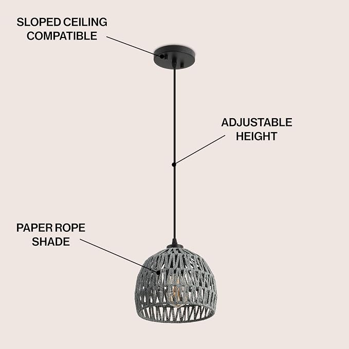 JONATHAN Y Campana 1-Light Pendant Dome Ceiling Lamp, 8.25", Gray | Modern Coastal Farmhouse Decor, Adjustable Height, Woven Rope Metal Frame, LED Bulb Included, UL Listed