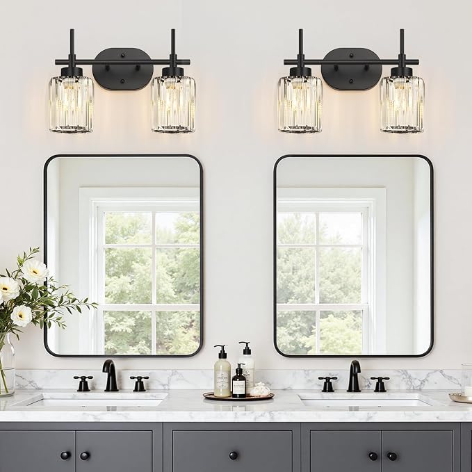 2-Light Matte Black Crystal Bathroom Vanity Light, Modern Bathroom Lighting Fixture Over Mirror, K9 Crystal Bathroom Wall Light with Round Shades, E26 Base(Bulbs Not Included)