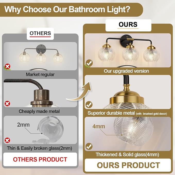 MOKATNG Bathroom Light Fixtures, 3-Light Clear Vanity Lights with Unique Leaf Texture Glass Shade, Modern Matte Black and Gold Bathroom Wall Lamp for Mirror Hallway Cabinet Living Room