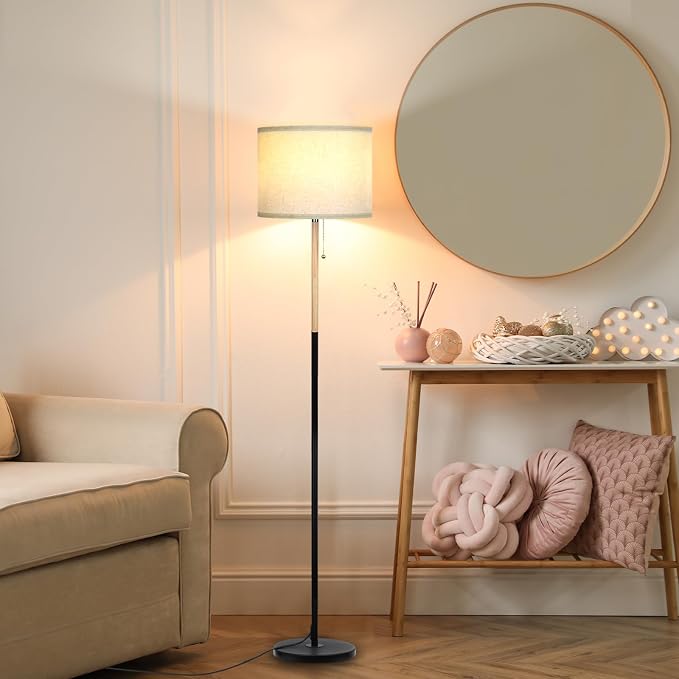 Bedroom Floor Lamp Farmhouse Floor Lamps for Living Room Mid-Century Pole Lamp with Linen Lamp Shade, Standing Tall Floor Lamps for Bedrooms and Office (White+ Wood Black Pole)