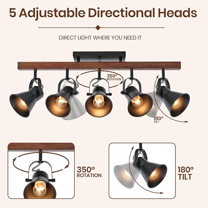 5-Light Track Lighting Fixture Ceiling, Industrial Black Semi Flush Mount Ceiling Light with Rotatable Spotlights, Farmhouse Wood Grain Metal Kitchen Lighting for Living Room Dining Room Hallway