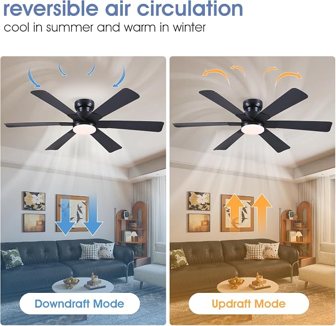 Asyko 52" Black Modern Low Profile Ceiling Fan with LED Light and Remote | Super Large Airflow with 6 Wind Speeds, Reversible, Dimmable 3 CCT LED Light, Noiseless 30W DC Motor,for Bedroom Kitchen