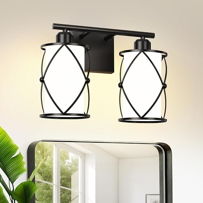 2-Light Black Bathroom Light Fixtures with Milk White Frosted Glass, 13.8" Modern Bathroom Vanity Lighting Fixtures Over Mirror with Metal Cage, Wall Sconce Lights for Bath, E26, CH9176BKW-2W