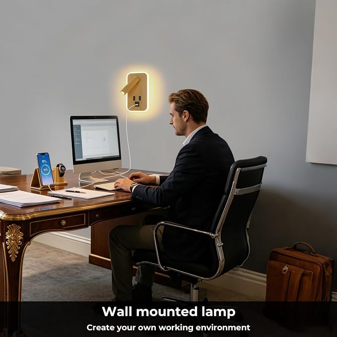 Wall Mounted Reading Lights with Wall Sconce Plug in&Hardwired | Wall Lights for Bedroom with USB C+A Ports, Bedside Lamp with 9W Night Light, Wood Color Reading Light Adjustable 350°Angle