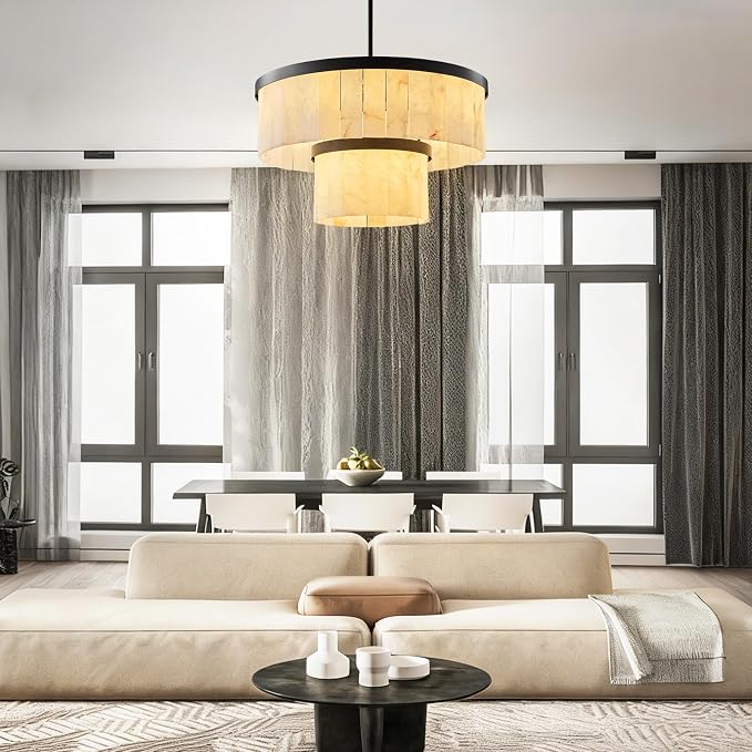 Alabaster Chandelier 2-Tier D24 Round Chandeliers, Modern Dining Room Chandelier Marble Pendant Light Farmhouse for Living Room, Bedroom, Foyer, Kitchen, Entryway Black(Include Bulbs)