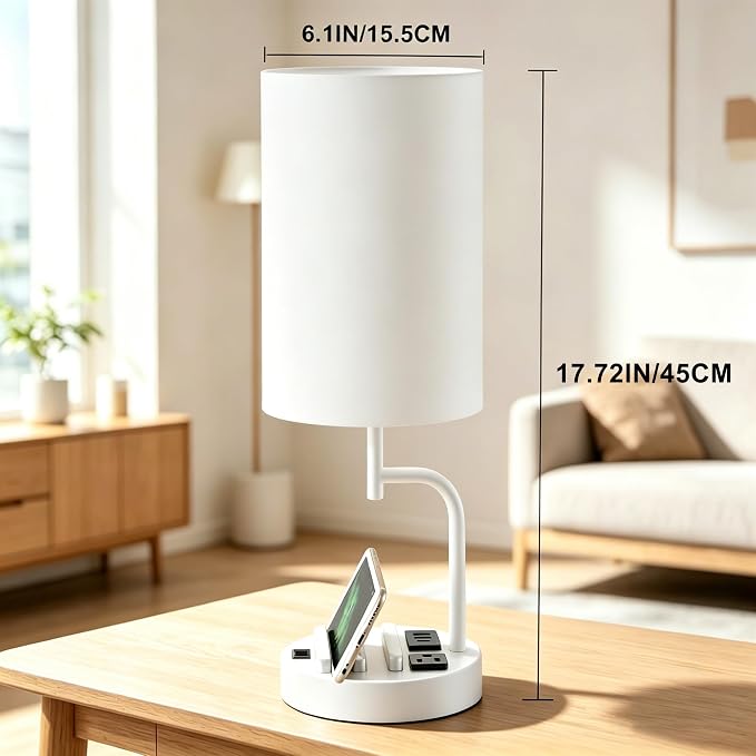 Dreamholder 2 Pack Table Lamp, Bedside Lamp with 3 USB Charging Ports & AC Outlet, USB Desk Lamp with 2 Phone Holders, Linen Fabric Shade Nightstand Lamps for Bedroom Living Room Office, White