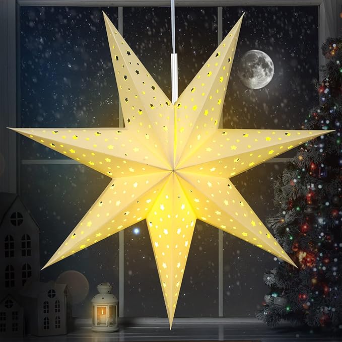 Mudder 19.7 Inch Christmas Star Paper Lantern 7 Pointed Christmas Window Lantern with 10 LED Light Strings Hanging Pendant Xmas Tree Ornaments for Holiday Decor Home(Classic,White)