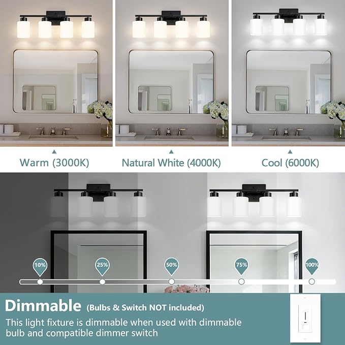 Black Bathroom Light Fixtures Vanity Lighting Over Mirror | 4-Light Modern Wall Sconces with Milky White Frosted Glass Shades for Restroom (E26 Socket)