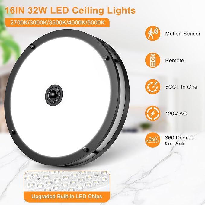 16IN LED Motion Sensor Outdoor Ceiling Light with Remote, 32W | Dusk to Dawn, 2700K/3000K/3500K/4000K/5000K Dimmable, 4 Lighting Modes, Large Flush Mount Ceiling Light for Entryway, Black