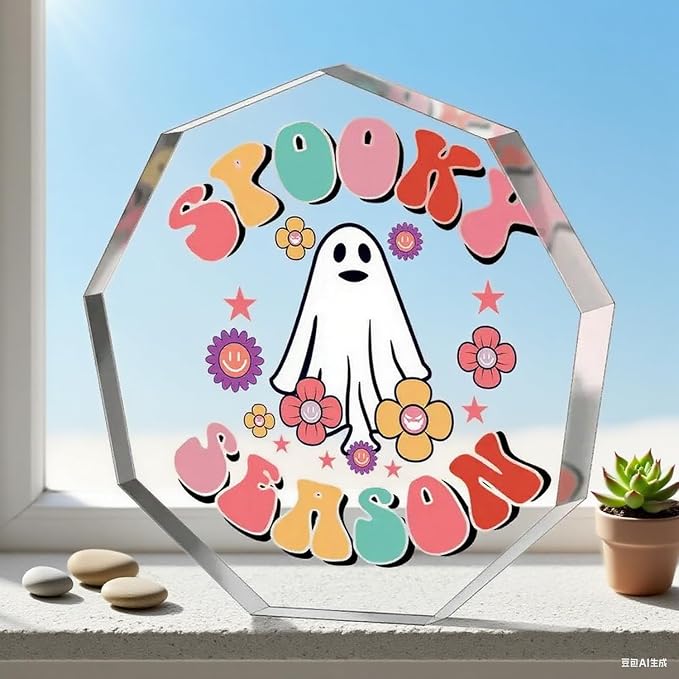 Cute Halloween Ornaments Clear Acrylic Enneagon Shaped Desk Sign Little Ghost & Flower Theme Plaque Happy Halloween Decorations for Holiday Party Home, Desktop Ornament Gifts