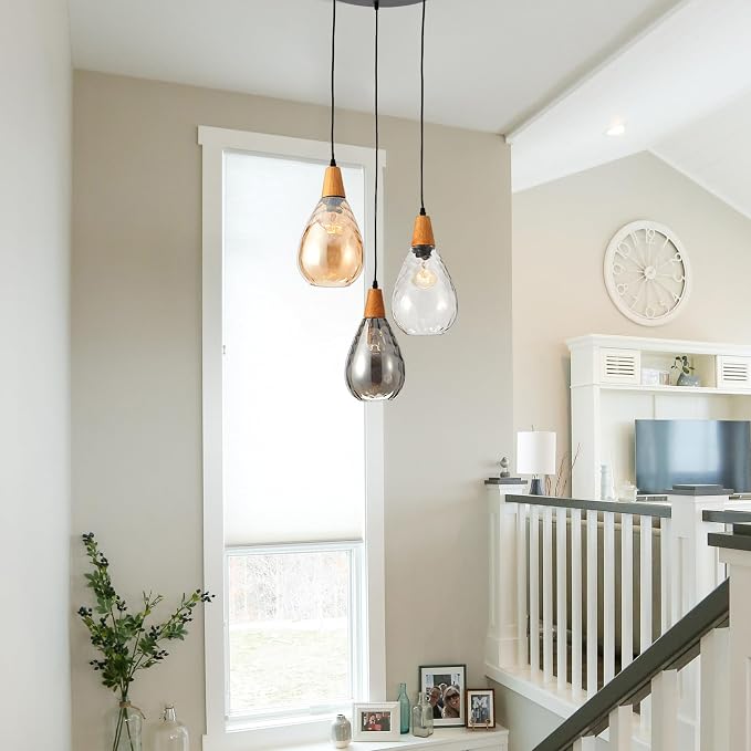 Modern Glass Pendant Light Fixtures, 3 Lights Hammered Glass Pendant Lights, Vintage Cluster Pendant Light in Matte Black Finish, Hanging Lamp for Dining Room Kitchen Sink Foyer Cafe Bar