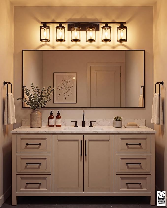 6-Light Matte Black Bathroom Light Fixtures Over Mirror with Clear Glass and Metal Cage Shade, 42" UL-Listed Modern Farmhouse Wall Sconce for Bath, Hardwire E26, OS-3014BK-6W