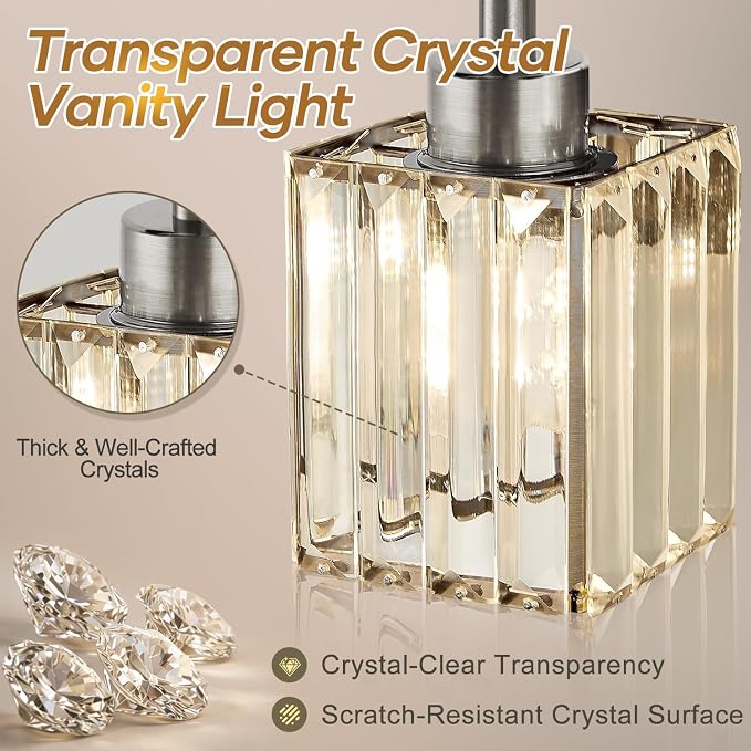Torondo Modern Crystal Bathroom Vanity Light 4-Light Brushed Nickel Bathroom Light Fixtures Over Mirror Vanity Lighting Fixtures Square Shade Wall Sconce (Bulbs Not Include)