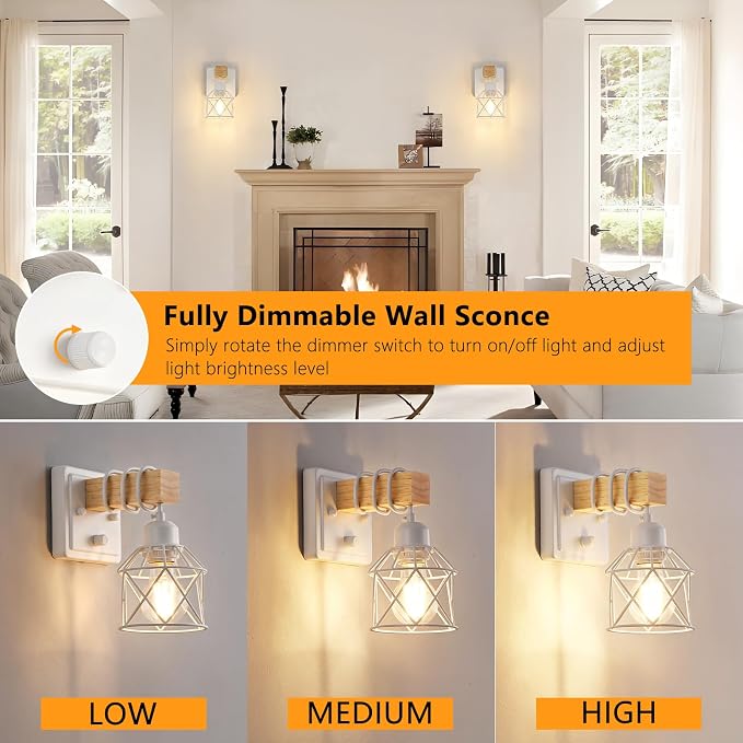 FadimiKoo Wall Sconces Set of Two, Farmhouse Hardwired White Wall Lamps with Wooden Arm & On/Off Dimmable Switch, Modern Bathroom Light Fixtures with Metal Shade for Living Room, Hallway, Bedroom