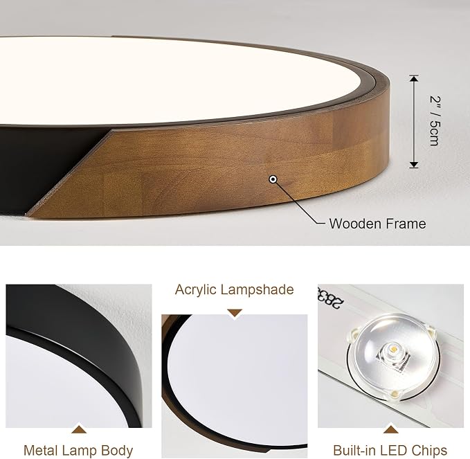 Modern LED Ceiling Light, Brown Walnut Wood Minimalist Flush Mount Ceiling Light Fixture, 4000K Not Dimmable, Circle Lighting Lamp with Acrylic Lampshade for Bedroom Hallway Laundry 15.8"