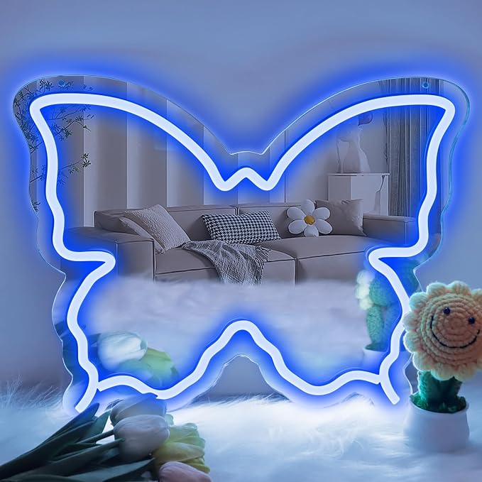 Butterfly Neon Sign Mirror, Neon Sign for Wall Decor, LED Butterfly Light with Dimmable Brightness, 15.7" x 12" Mirror Neon Sign for Girls Room, Teen Bedroom Decor, Birthday Party Gift, USB Powered Blue