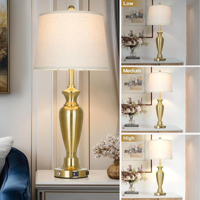 Gold Table Lamp for Living Room Single, 30″ Tall Touch Control Bedside Lamp for Nightstand, 3-Way Dimmable Bedroom Lamp with USB A+C Ports and AC Outlet (1 Pack)